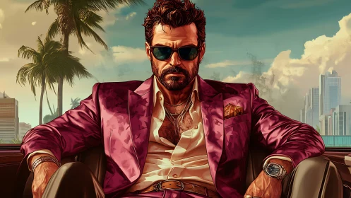 Sunlit swagger in a slick pink suit by the waterfront.