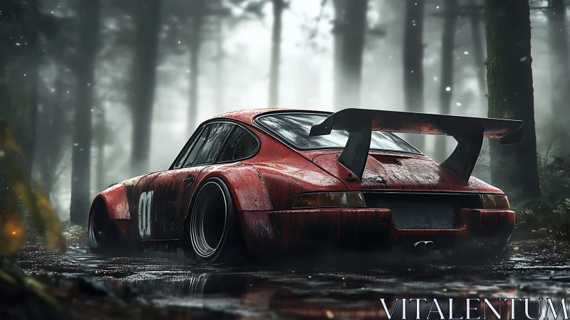 Red widebody race car in rainy forest mud track scene.