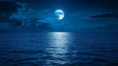 Full moon over calm ocean with strong blue night light.