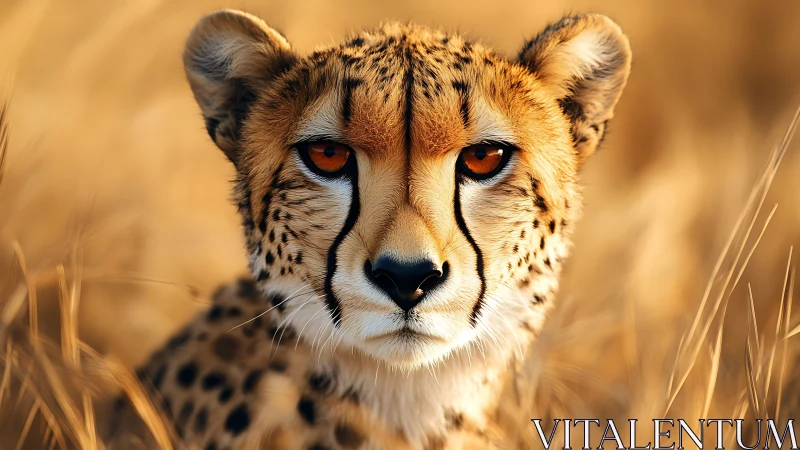 Cheetah portrait in golden savanna grassland environment.
