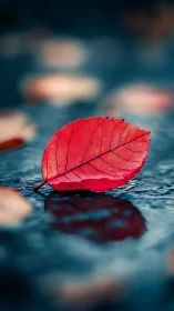 Crimson leaf on wet pavement with reflective bokeh background.