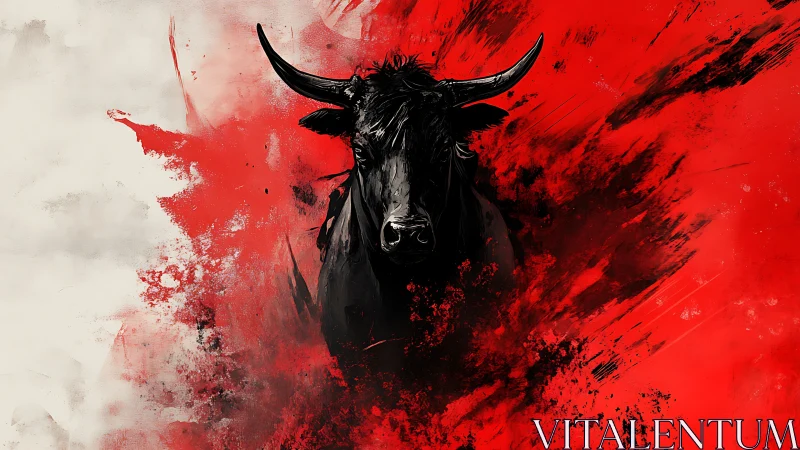 Bull head rendered in black within red abstract field.