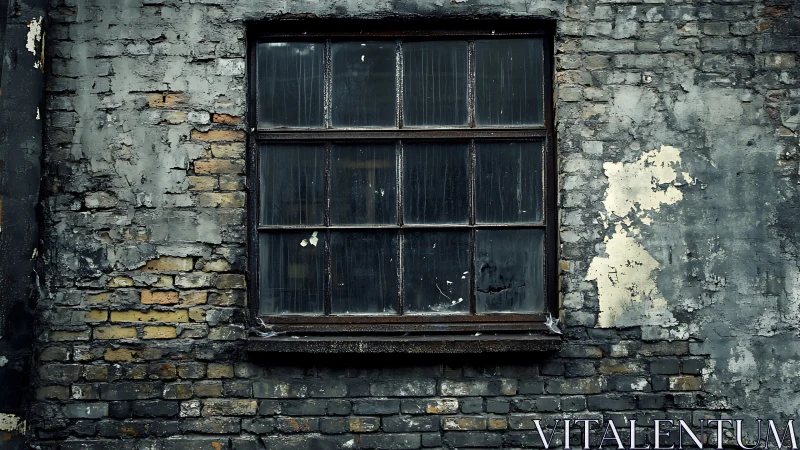 Weathered brick wall with single multi-pane industrial window.