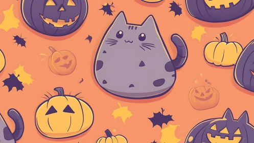 Cute purple cat surrounded by Halloween jack-o-lantern pumpkins and stars