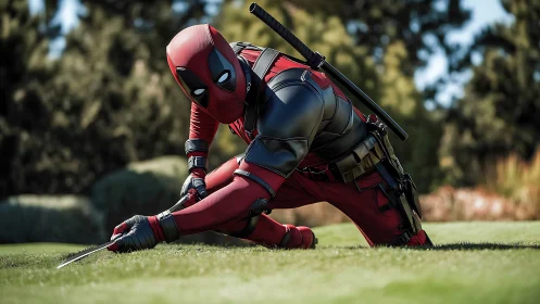 Red armored antihero crouches low on bright sunlit grass