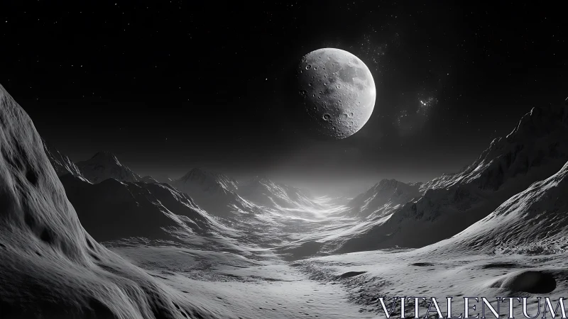 Silent lunar valley under a colossal ice brightened moon.