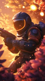 Armored astronaut with rifle moves through glowing foliage