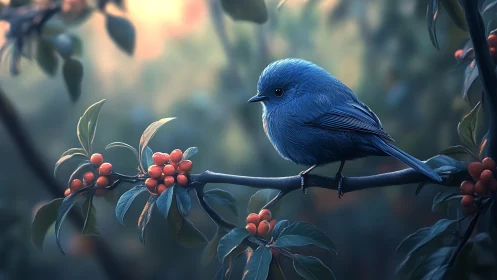 Blue Songbird on Berry Branch in Dreamy Soft Focus Nature Art.