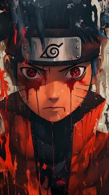 Crimson-eyed ninja storms through splattered dusk and shadow.