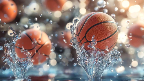 Basketballs cannonball into glittering water, freezing loud impact