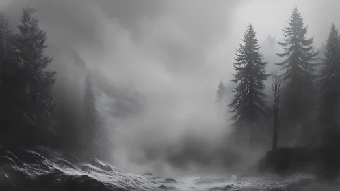 Misty conifer forest emerging from a shadowed valley floor.