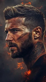 Scarred warrior in flames gazes ahead with fierce resolve.