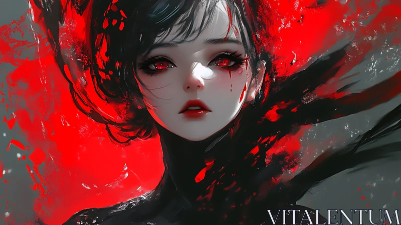 Crimson-eyed heroine rendered in high-contrast digital chiaroscuro
