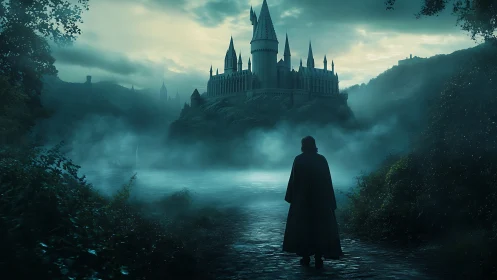 Wanderer gazes at misty cliffside castle at blue dusk.