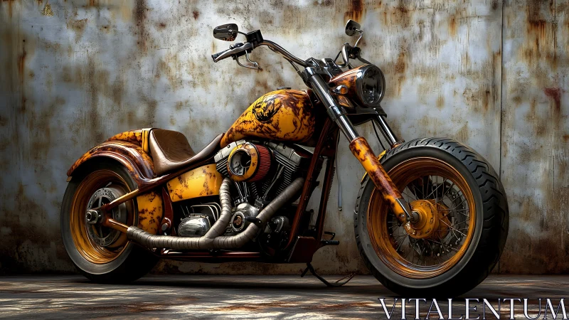 Custom chopper motorcycle with rusted patina finish detail.