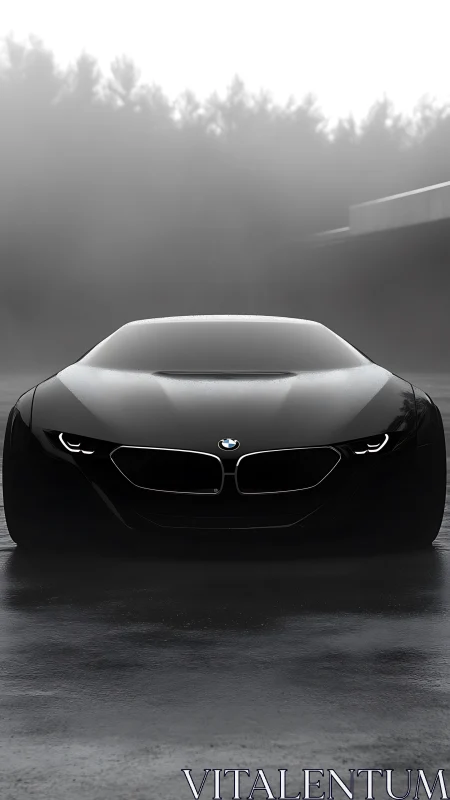 Low-slung black BMW concept coupe on wet asphalt in foggy dusk