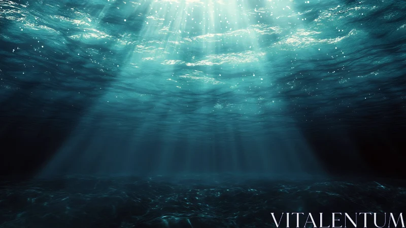 Submerged ocean surface with downward sunlight beams viewed below.