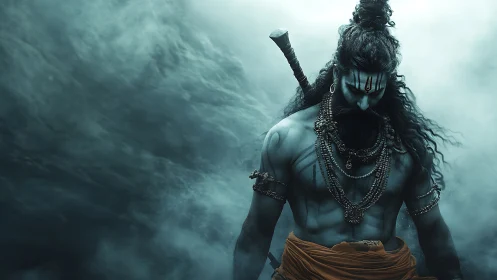 Mythic warrior yogi amid stormy teal cinematic mistscape.