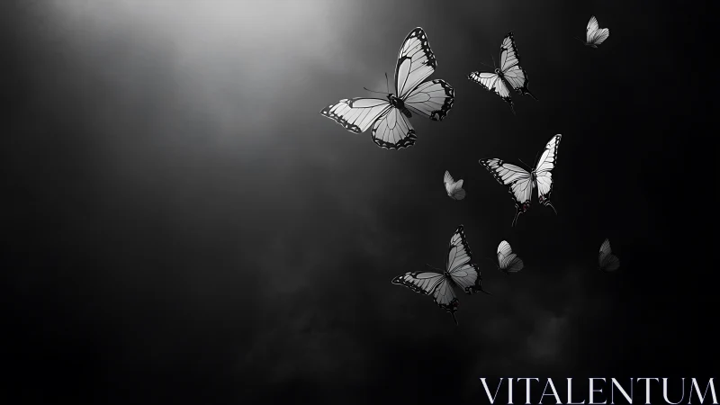 White butterflies ascending through moody monochrome gloom.