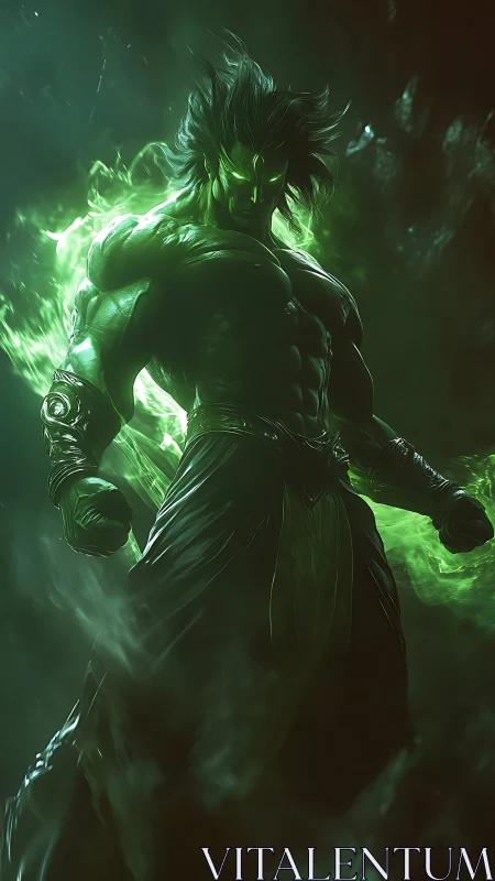 Emerald energy warrior rises in swirling mystical flames