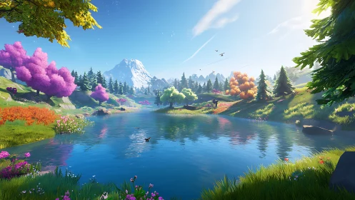 Vibrant stylized mountain lake rendered in high-key digital art