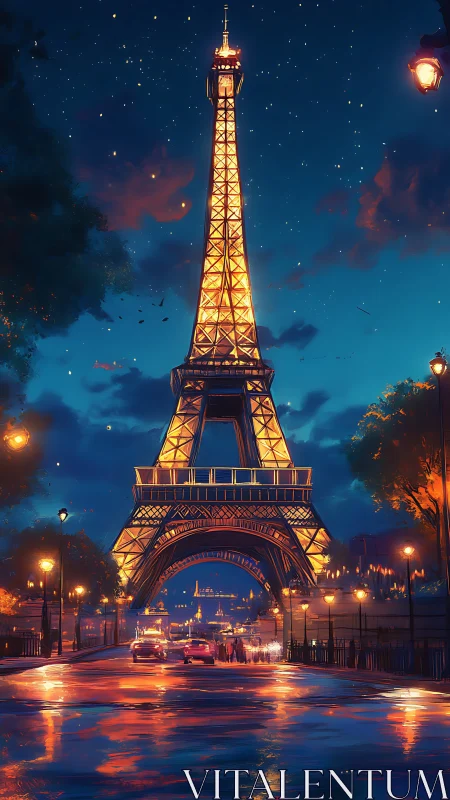 Eiffel Tower stands illuminated over wet Paris street at night