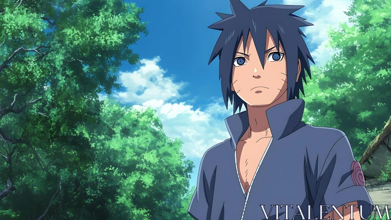 Blue-eyed anime warrior in sunlit forest environment.