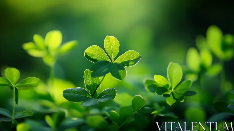 Sunlit four leaf clover glows softly in lush green field.