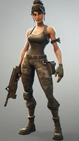 Stylized female soldier stands armed in tactical outfit