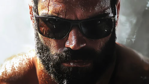 Sunburned stoic in blackout shades, simmering with resolve.