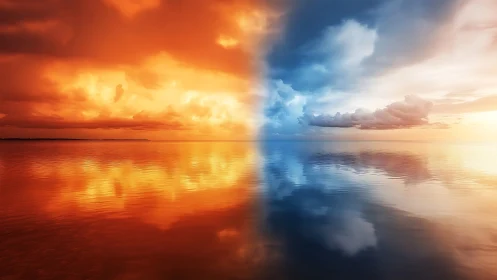 Skyfire and Icewater Divide Across a Mirrorbright Sea.