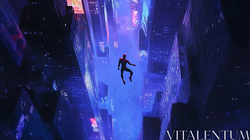 Silhouetted superhero falls through neon lit city canyon at night