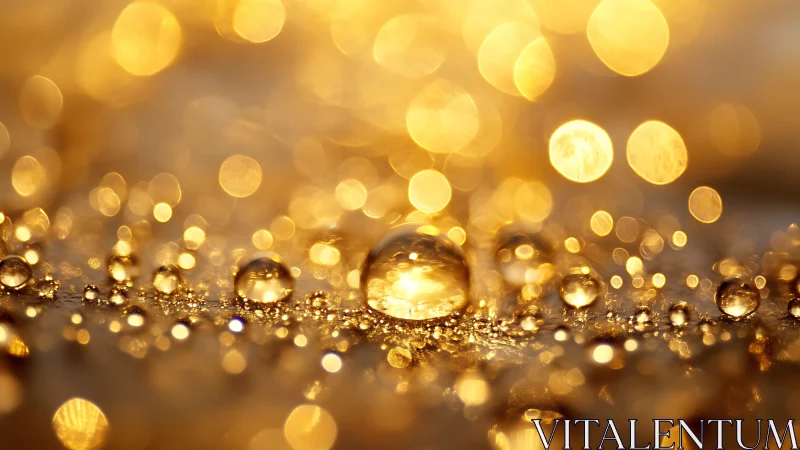 Golden water droplets in warm abstract macro bokeh field.