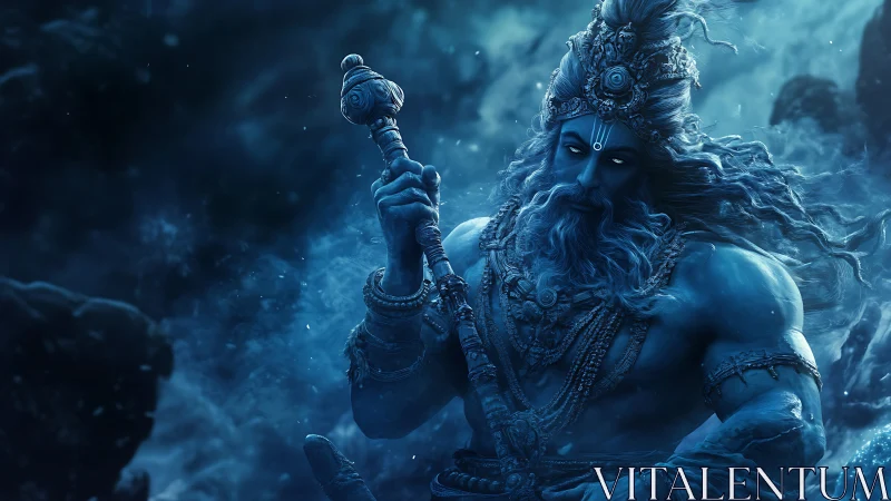 Mythic blue deity rendered in cinematic digital chiaroscuro.