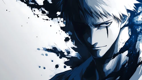 Stoic anime warrior in blue ink-splatter portrait.