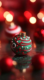 Green ornament with red and white pattern on reflective surface.