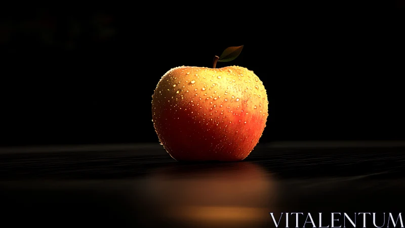 Golden dewy apple under dramatic low key rim lighting.