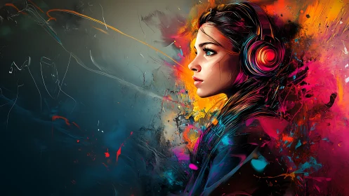 Woman wearing headphones faces right amid neon paint bursts
