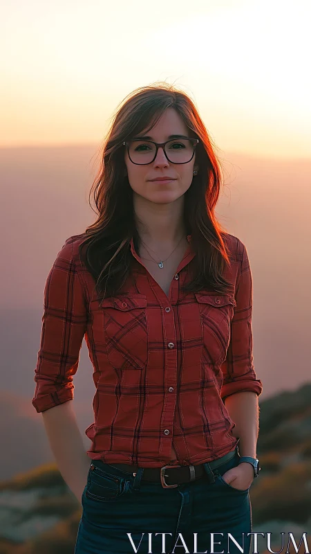 Woman in red plaid shirt at mountain sunset portrait.