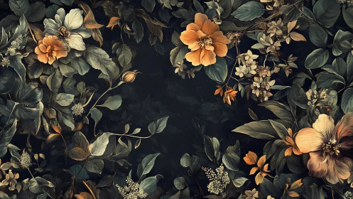 Baroque Botanical Arrangement with Warm Florals Against Dark Ground