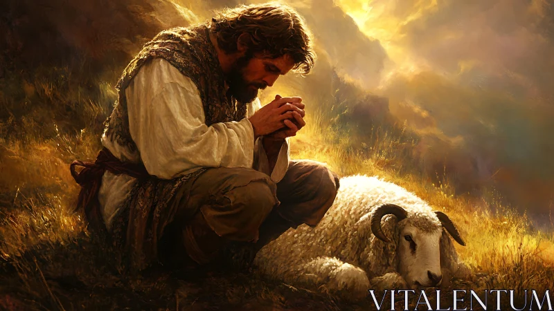 Shepherd kneels in golden field beside resting sheep