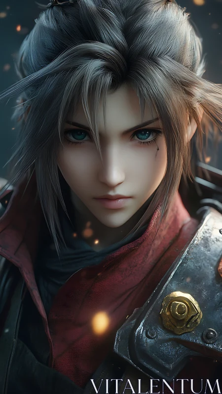 Fierce silver‑haired warrior portrait in emberlit armor.