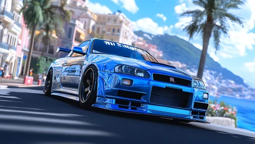 Chrome skyline streaks through sunlit coastal boulevard dreams