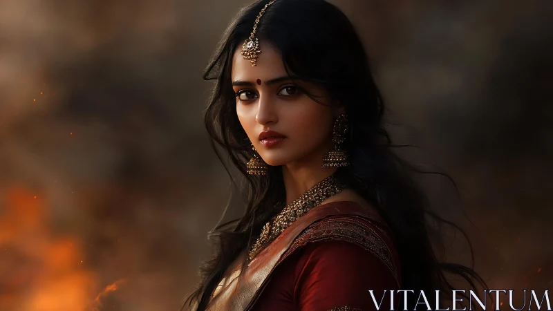 Ember-eyed royal muse in crimson silk amid swirling dusk.