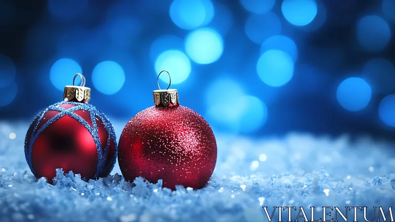 Photorealistic red baubles on snow with blue bokeh depth.