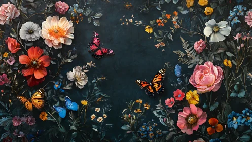 Floral Garden with Butterflies on Dark Background.