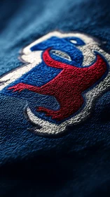 Macro view of embroidered red and blue abstract logo detail.