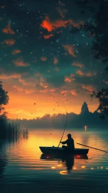 Solitary fisherman on calm lake under vivid night sky.