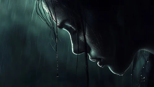 Wet human profile leans downward under dense falling rain