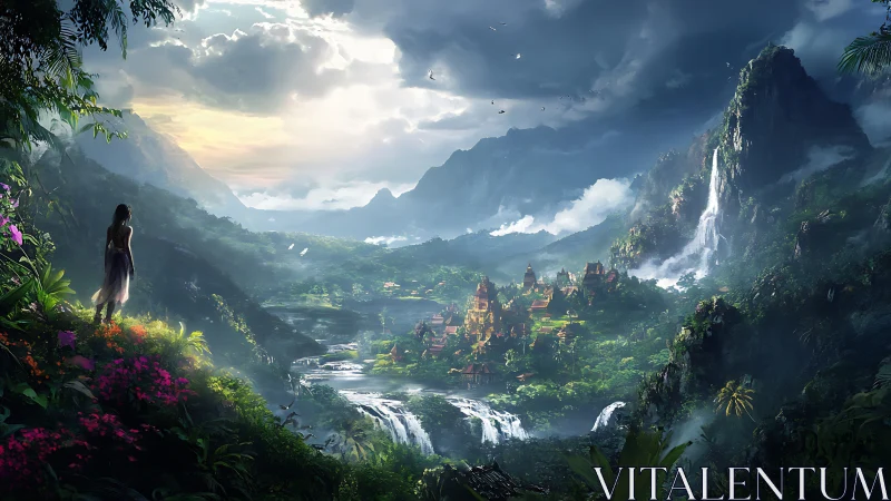 Mystic jungle valley with temple city and cascading waterfalls.